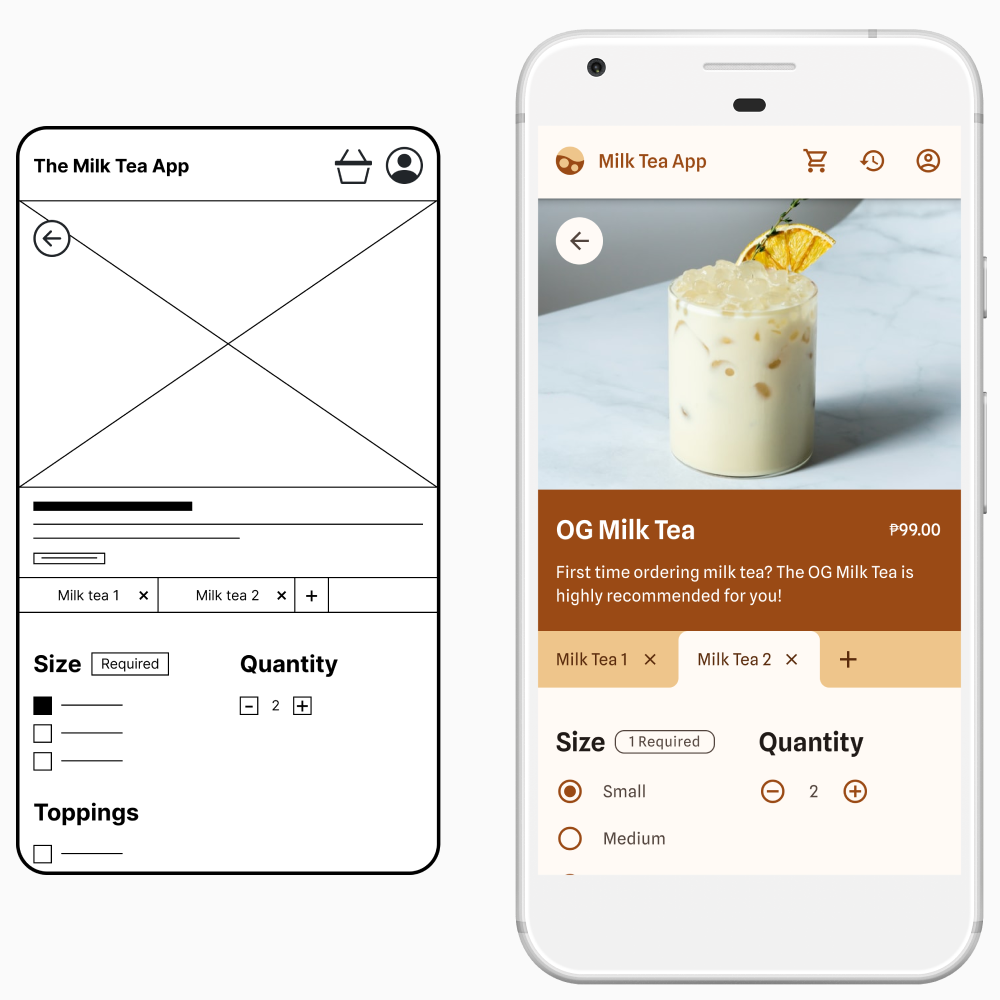 Customization page low and high-fidelity wireframes