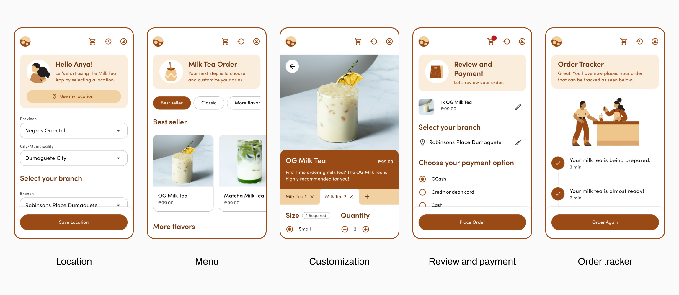 Updated Milk Tea App high-fidelity wireframes