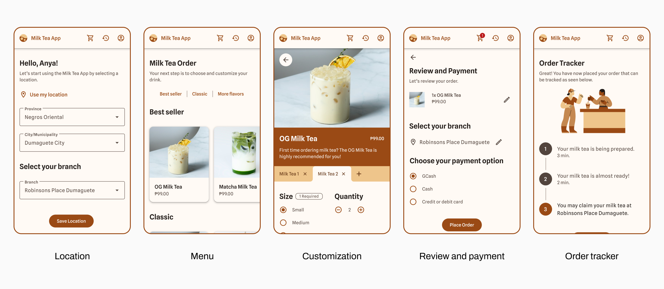 Milk Tea App high-fidelity wireframes