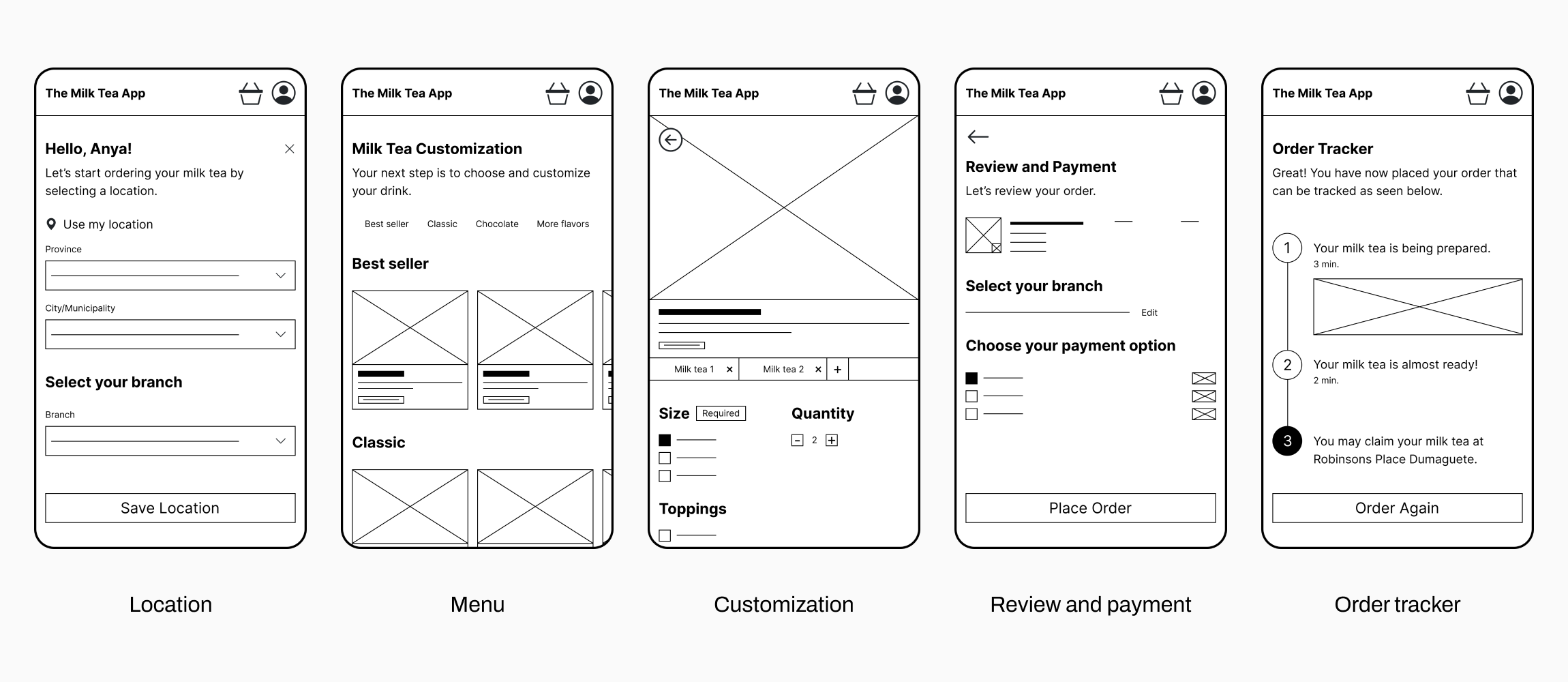 Milk Tea App low-fidelity wireframes