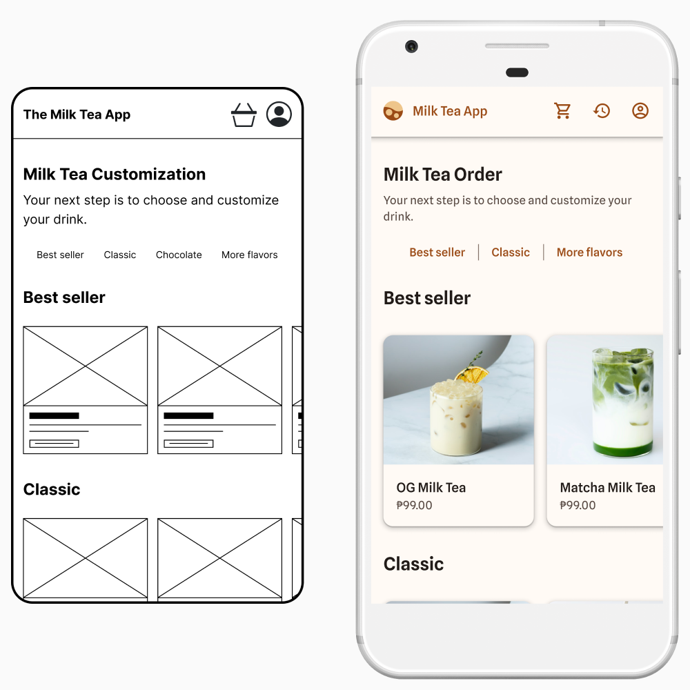 Menu page low and high-fidelity wireframes