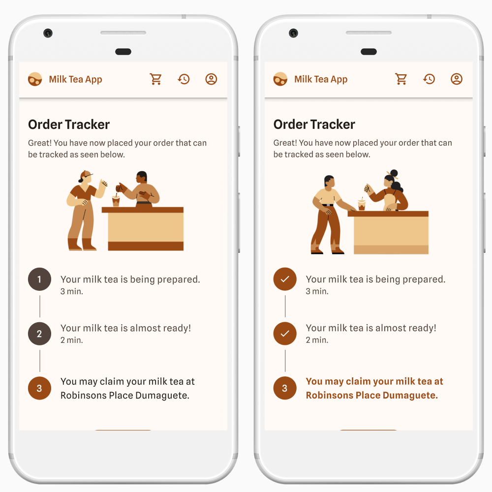 Order Tracker page previous and revised high-fidelity wireframes