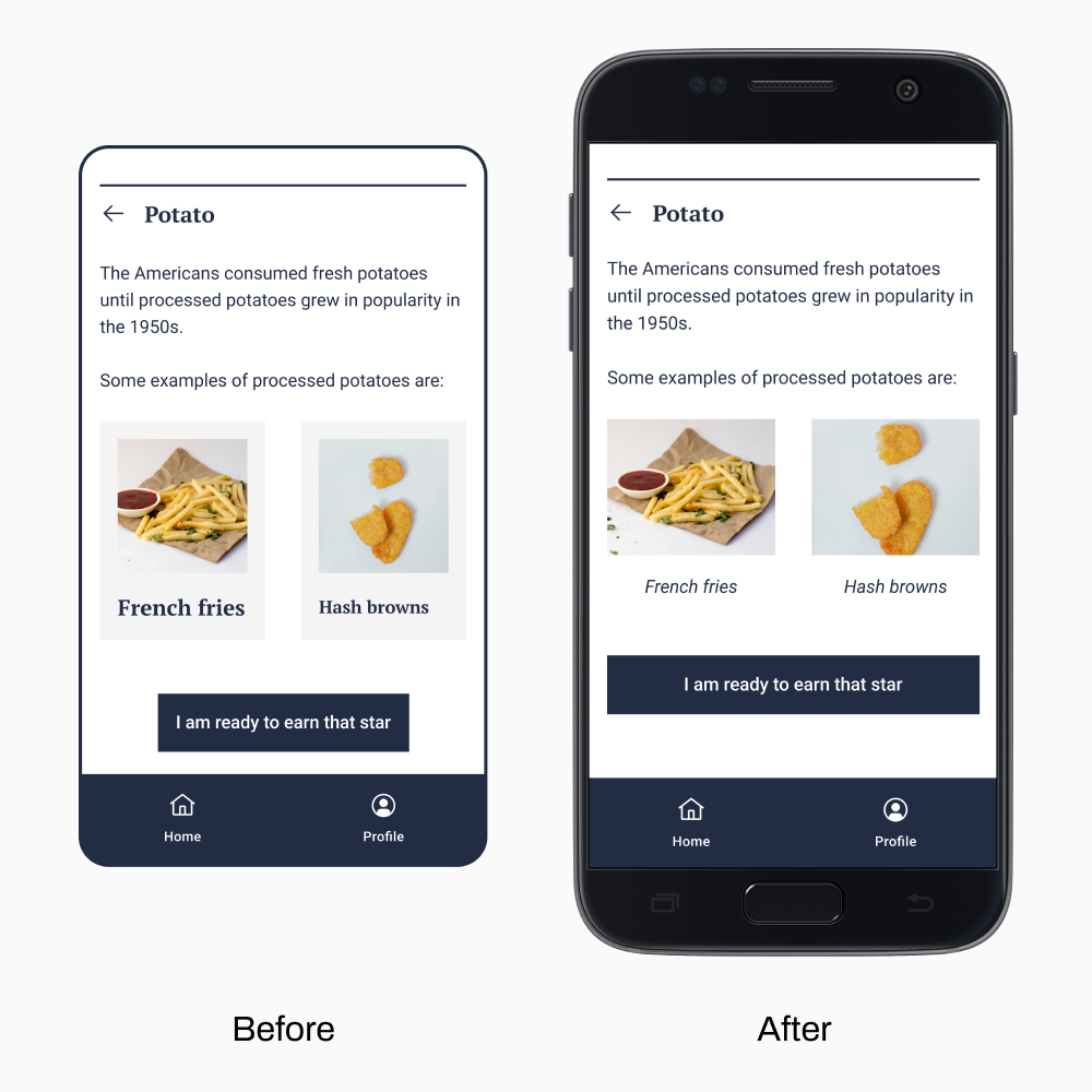 Lesson page previous and revised high-fidelity wireframes