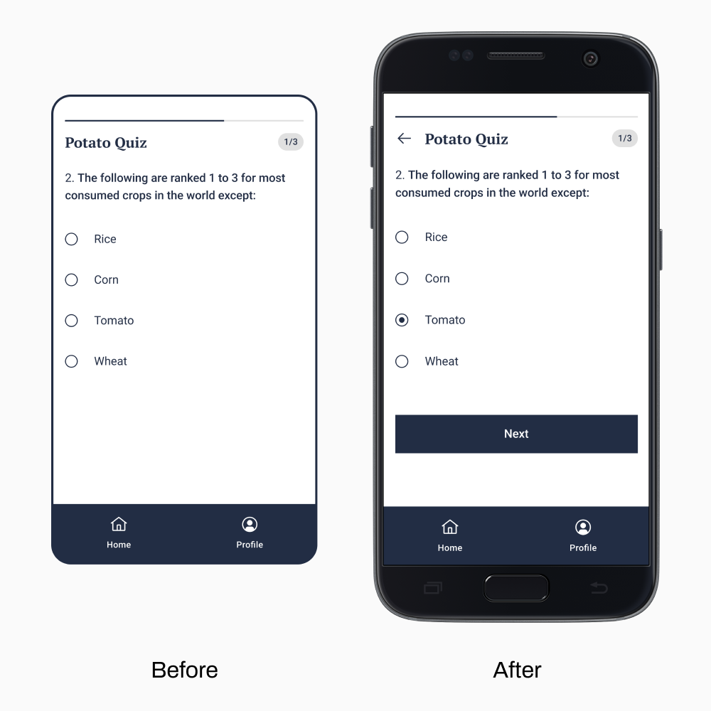 Quiz page previous and revised high-fidelity wireframes